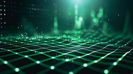 Digital Grid: A mesmerizing abstract image, a luminous grid of glowing green lines intersects over a dark background, representing a futuristic digital landscape.