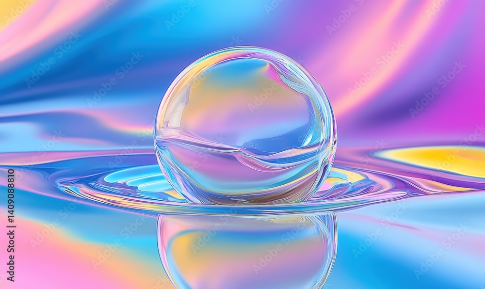 Poster iridescent sphere floating on colorful liquid, abstract background, perfect for website design