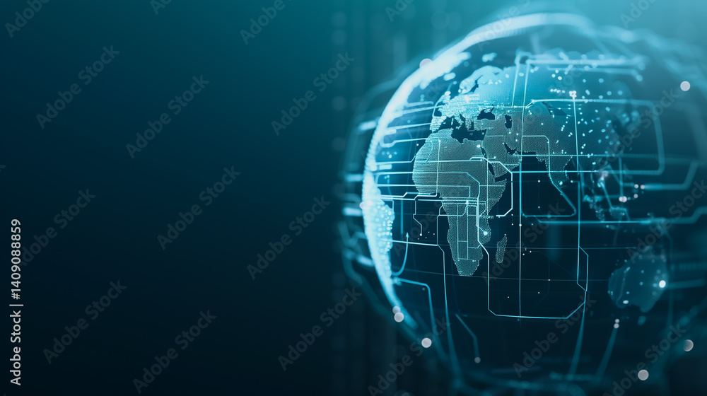 Poster global digital network: a stunning digital rendering of planet earth interconnected by intricate dat
