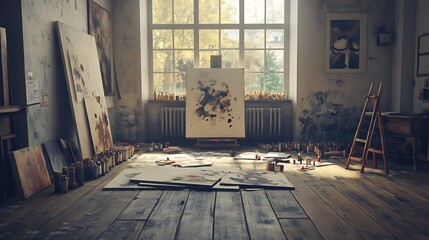 Rustic artist's studio, filled with canvases and supplies.