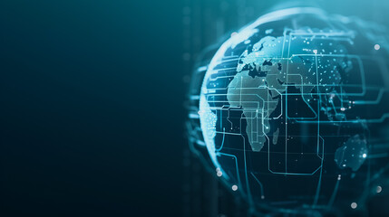 Fototapeta premium Global Digital Network: A stunning digital rendering of planet Earth interconnected by intricate data pathways, symbolizing global connectivity and the expansive reach of digital networks.