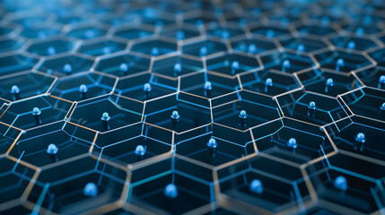 Obraz premium Hexagonal Network: This image features an intricate hexagonal network with interconnected nodes, conveying a sense of futuristic technology, innovation, and complexity.