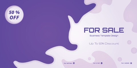 Modern purple business banner sale with abstract fluid shapes and bold 50% off