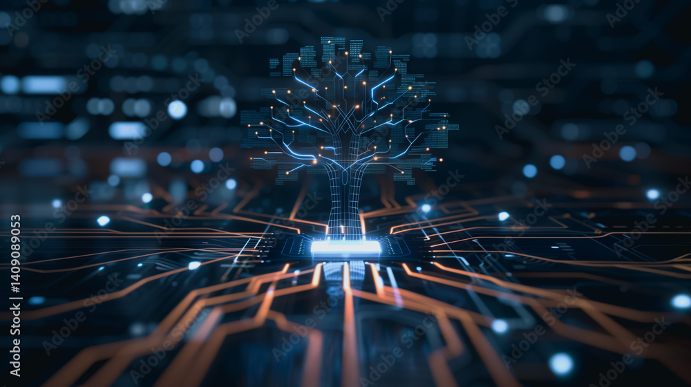 Poster digital tree: a futuristic digital tree glows with intricate patterns within a circuit board, embody