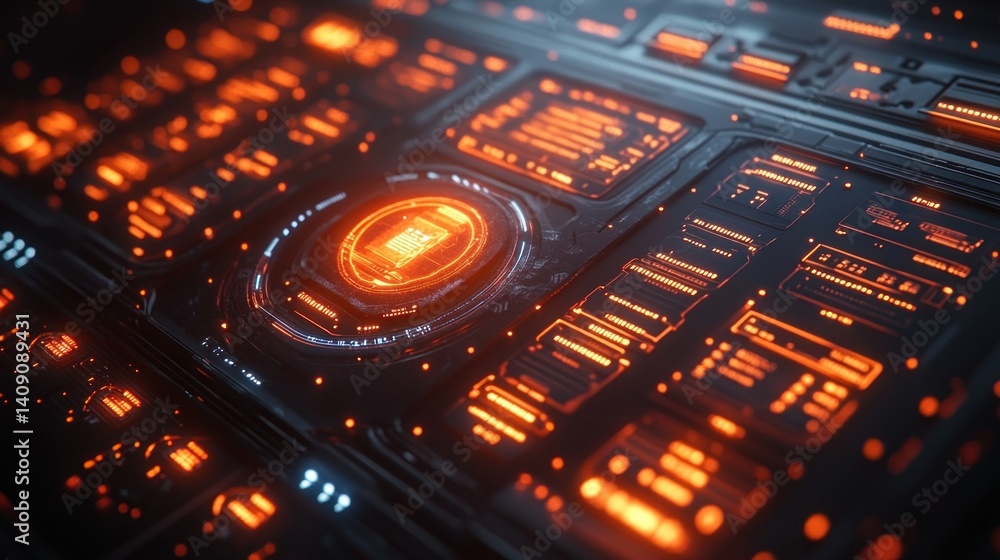 Poster futuristic technology interface: glowing orange circuits and data streams