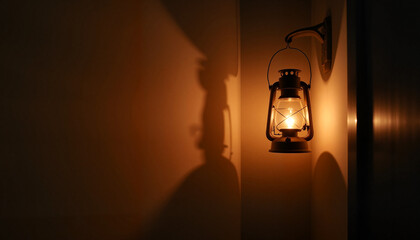 Warm lantern flickering in intimate room at dawn, cozy atmosphere
