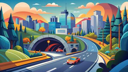 Obraz premium Highway journey road leads to car tunnel entrance, urban travel, 