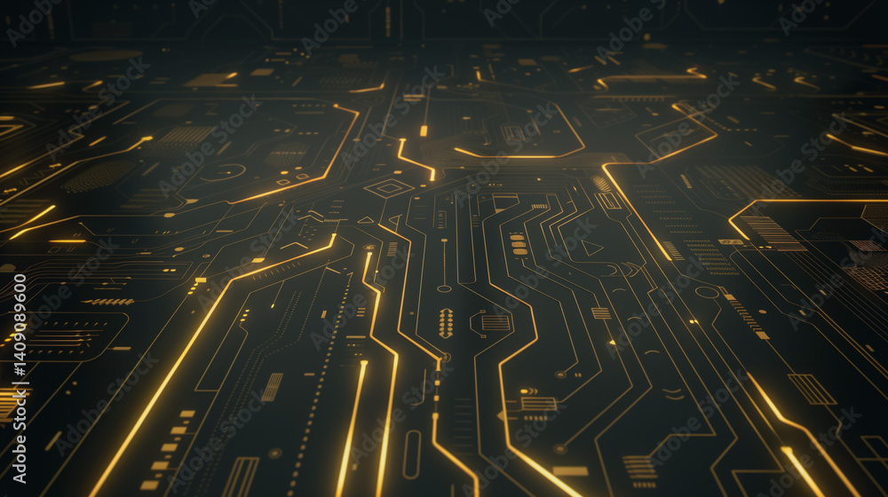 Poster circuit board: illuminated circuit board showcasing intricate electronic pathways and components, em