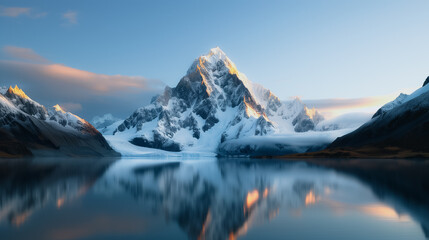 Majestic Mountain Reflection: A serene mountain landscape is painted with reflections in calm water, capturing the grandeur and serenity of the natural world.