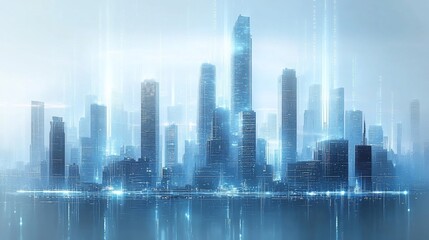 Fototapeta premium Futuristic city skyline with glowing lines, data streams and reflections, in blue and white tones