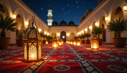 Obraz premium Glowing Ramadan lanterns illuminate mosque courtyard at nighttime, celebration