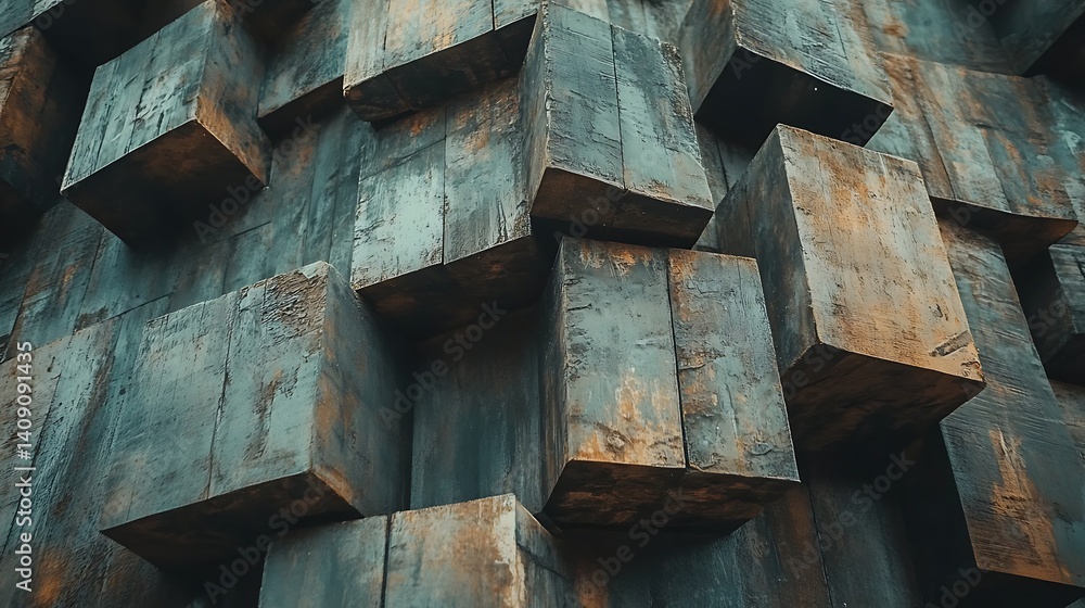 Poster textured metallic cube blocks forming repeating geometric pattern in industrial style