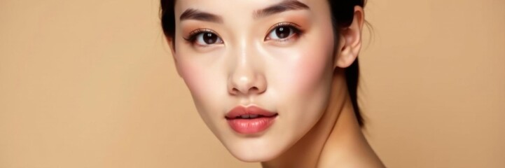 Naklejka premium Stunning woman with porcelain skin and Asian appearance smoothes out flawless makeup on a neutral beige backdrop, understated, subtle, flawless