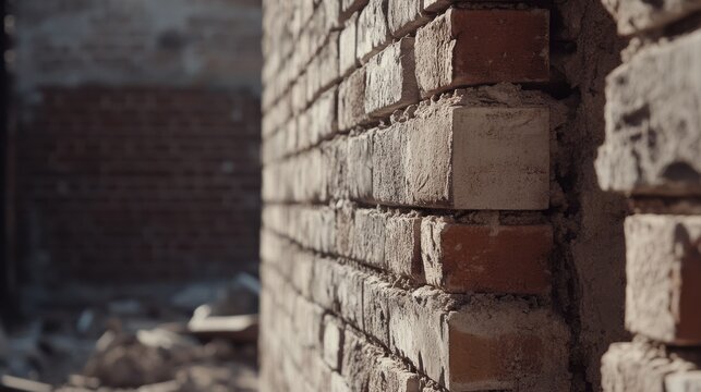 Construction worker adjusting the layout of a brick wall at a building site. Featuring skill and focus