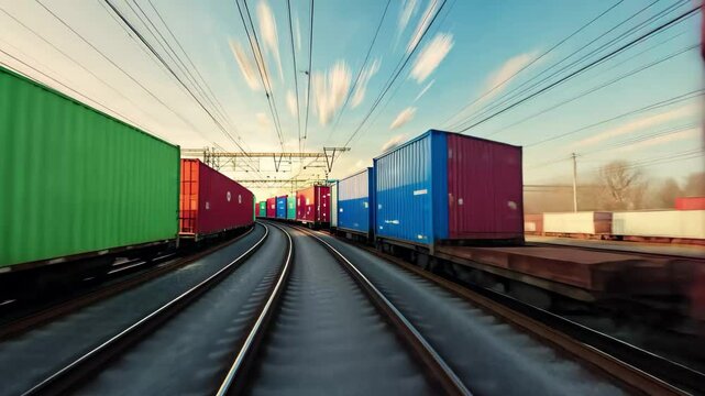 Freight train moves swiftly along curved tracks with colorful intermodal containers at sunset, Dynamic view of a freight train with intermodal containers in transit
