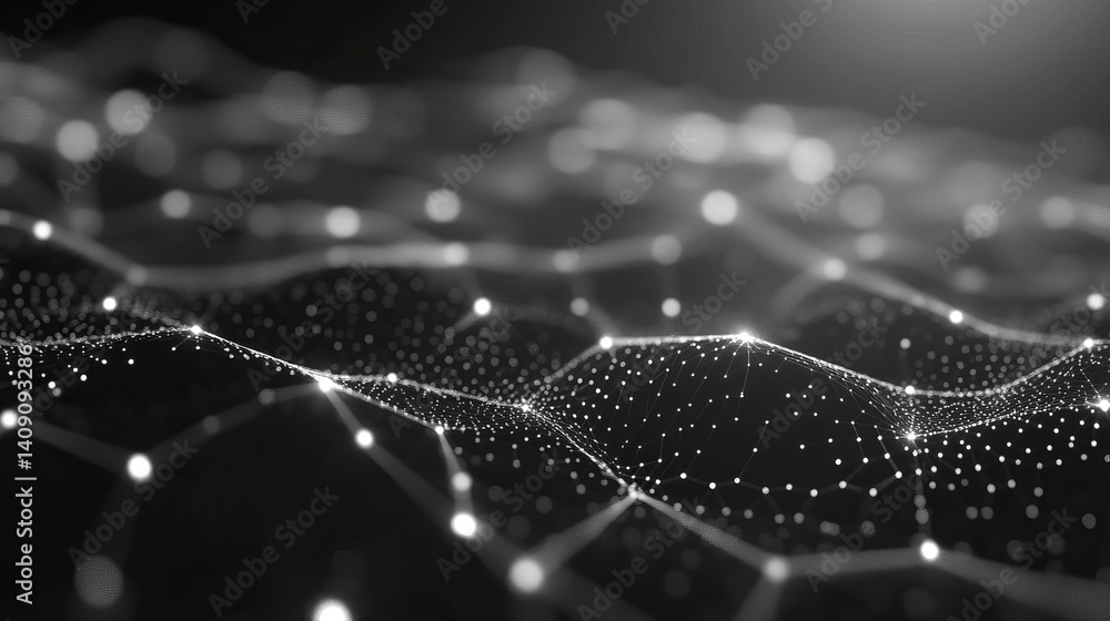 Poster abstract black and white digital network data wave background web dots mesh grid dark flow lines