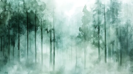 Obraz premium Misty Forest Watercolor Painting with Trees and Atmospheric Haze