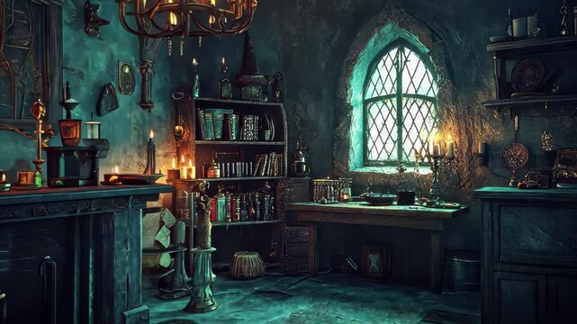 Witch's room in a medieval fantasy setting with mystical artifacts and candlelight glow, Animated background of witch room, medieval fantasy ing time-lapse video