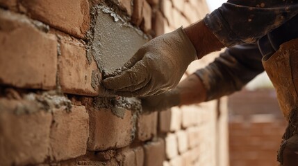 Fototapeta premium Construction worker applying cement to a brick wall. Featuring skill and focus