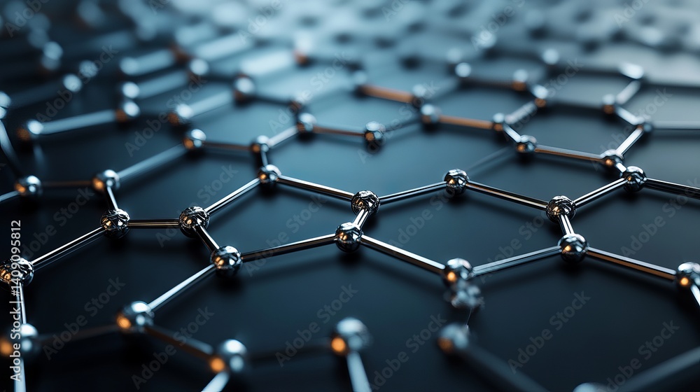 Poster abstract metallic nanostructure molecular network design background 3d art grid mesh dark blue grey