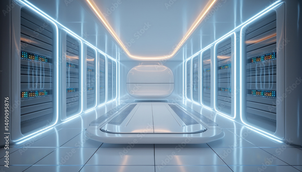 Poster futuristic computer server room featuring sleek design, illuminated by neon lights, with rows of ser