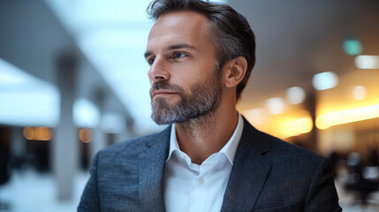 Obraz premium confident man with well groomed beard and stylish attire gazes thoughtfully into distance, embodying professionalism and sophistication in modern setting