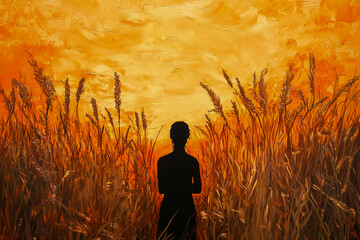 Fototapeta premium A man standing in the tall grass, facing away from us, looks out at a vibrant orange sunset on the horizon.