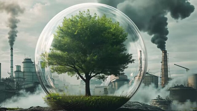 Lone tree encased in protective bubble stands resilient amidst industrial pollution, A lone tree encased in a bubble, protected from the polluted industrial cityscape behind it