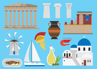 Naklejka premium greece flat illustration, vector, symbol, landmark, culture