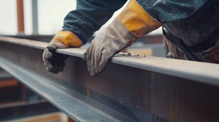 Construction worker assembling a steel frame for a building. Featuring expertise and strength