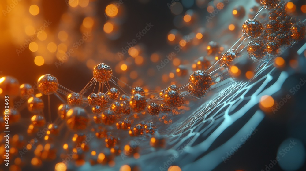 Poster abstract orange and blue metallic sphere network background 3d art web dark mesh data shiny light