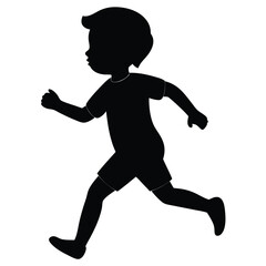 Black vector illustration shows a running boy silhouette, a child athlete in sport action