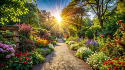 Sunlit Garden Path with Blooming Flowers