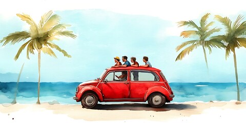 Family enjoying a summer road trip in a red classic car on a tropical beach.