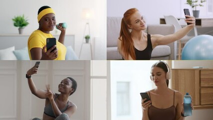 Four diverse individuals passionately participating in various fitness activities, using their smartphones to track workouts and share their healthy lifestyle routines. - Powered by Adobe