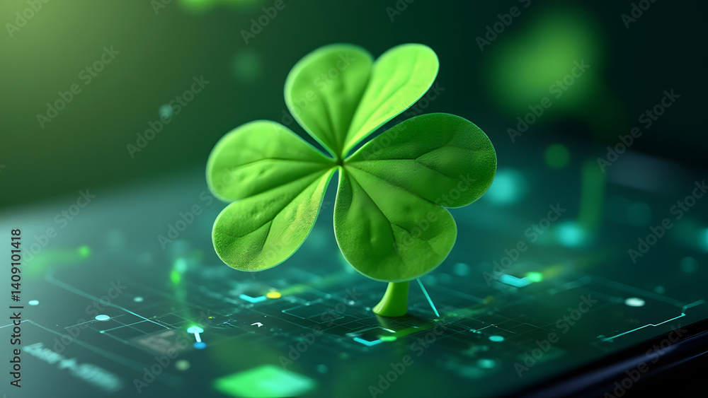 Aufkleber an ar-style four-leaf clover emerges from a phone screen with glass texture and data nodes. futurist