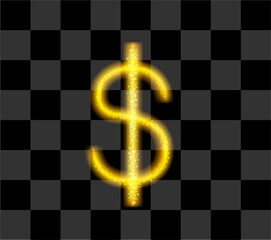 Dollar sign, gold, shiny, on a dark background. 
Transparent with a color effect. Vector image