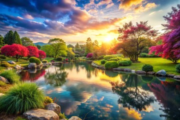 Fototapeta premium Serene Garden Landscape with Pond Reflection