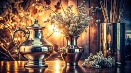 Elegant Still Life with Metal Vases and Dried Flowers