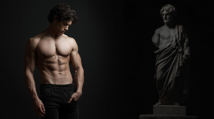Fototapeta premium A man with a muscular body is standing in front of a statue