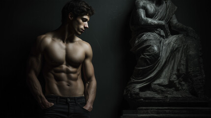 Naklejka premium A man with a muscular body is standing in front of a statue