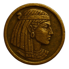 Cleopatra head on coin. Frontal coin with Cleopatra's head from side view.