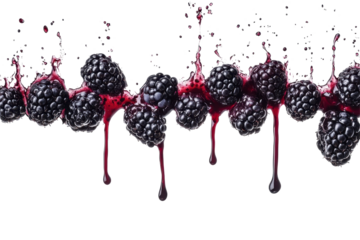 Blackberries bursting with flavor and dripping juice arranged naturally on a plain white background