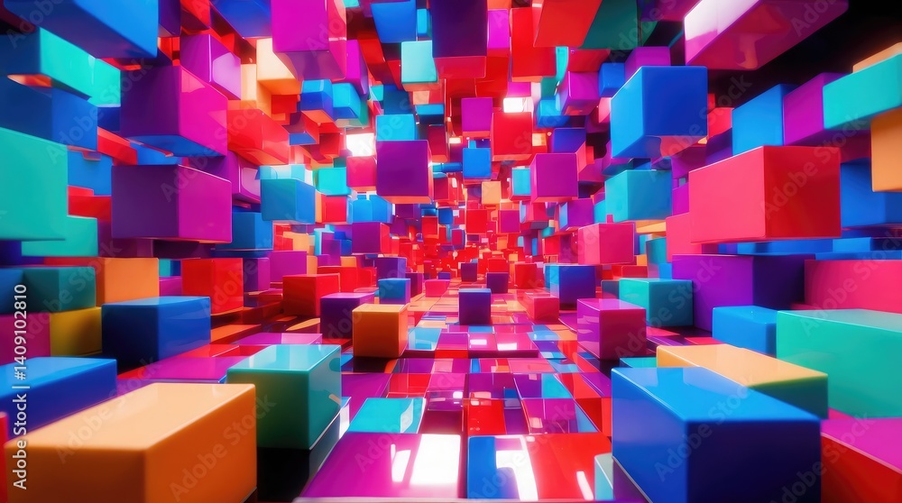 Poster close-up of vibrant abstract cubes creating a dynamic digital landscape with stunning colors : gener
