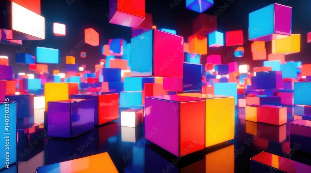 Poster close-up of vibrant abstract cubes creating a dynamic digital landscape with stunning colors : gener