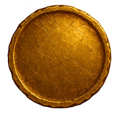 Antique dark gold coin. Coin with traces of wear. Coin with textured roughness and traces of cuts. Rough silhouette.