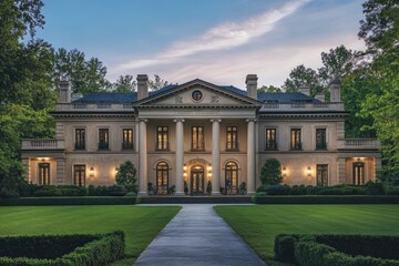 Obraz premium Grand neoclassical mansion at dusk, illuminated, showcasing symmetry and manicured lawns.