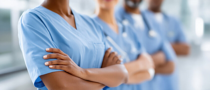 Close up of medical team with folded arms in hospital setting, showcasing professionalism and teamwork among healthcare workers