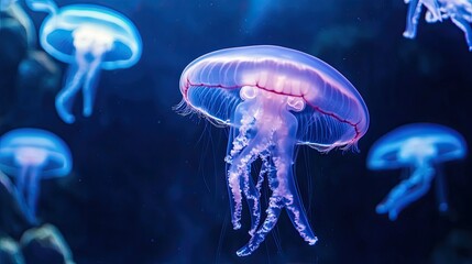 Jellyfish in blue water, underwater magic 