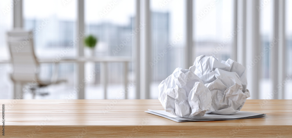 Poster crumpled financial documents on empty office desk create sense of disarray and stress in modern work